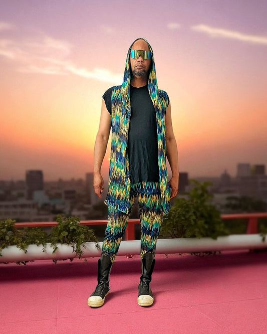 Festival Hooded Cardigan And Jogger Set – BurningMan | Tribal Print Men’s Festival Wear | Sleeveless Hoodie & Matching Pants | Rave Clothing