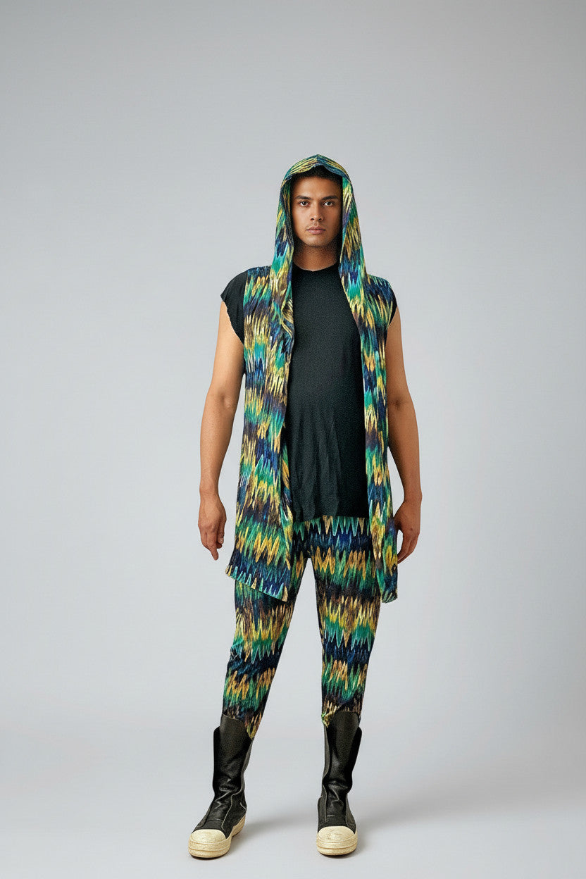 Festival Hooded Cardigan And Jogger Set – BurningMan | Tribal Print Men’s Festival Wear | Sleeveless Hoodie & Matching Pants | Rave Clothing