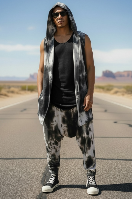 Hooded Cardigan And Drop Crotch Harem Pant Tye Dye Festival Matching 2 Piece Set