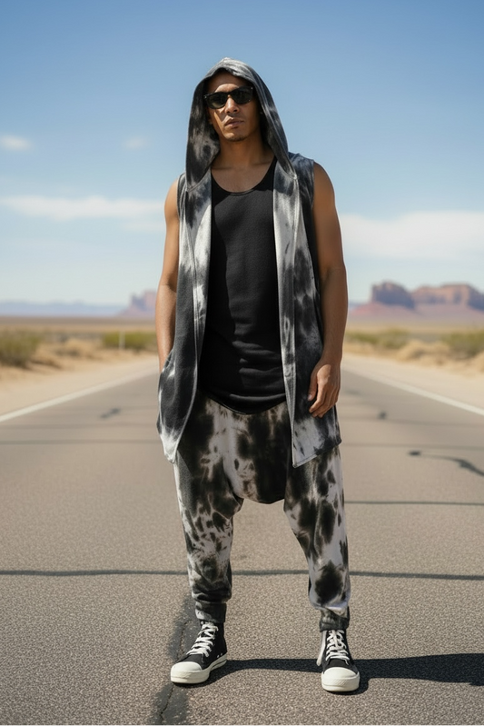 Hooded Cardigan And Drop Crotch Harem Pant Tye Dye Festival Matching 2 Piece Set