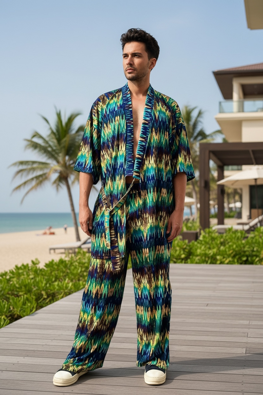 Blue Chevron Tribal Print Kimono & Pant Set – Relaxed Fit Two-Piece Set