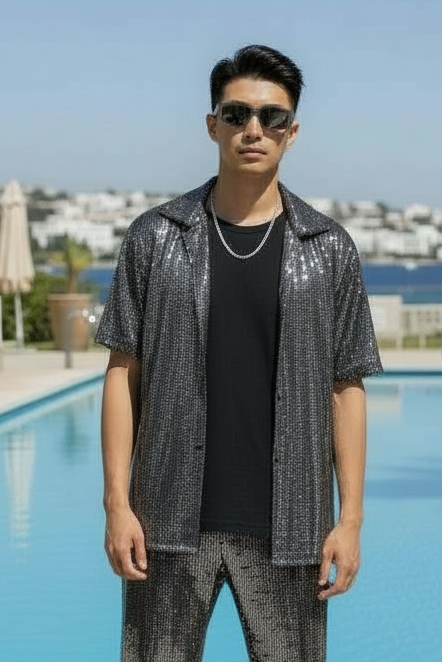 Silver Metallic Bowling Shirt | Button Up Shirt | Mens