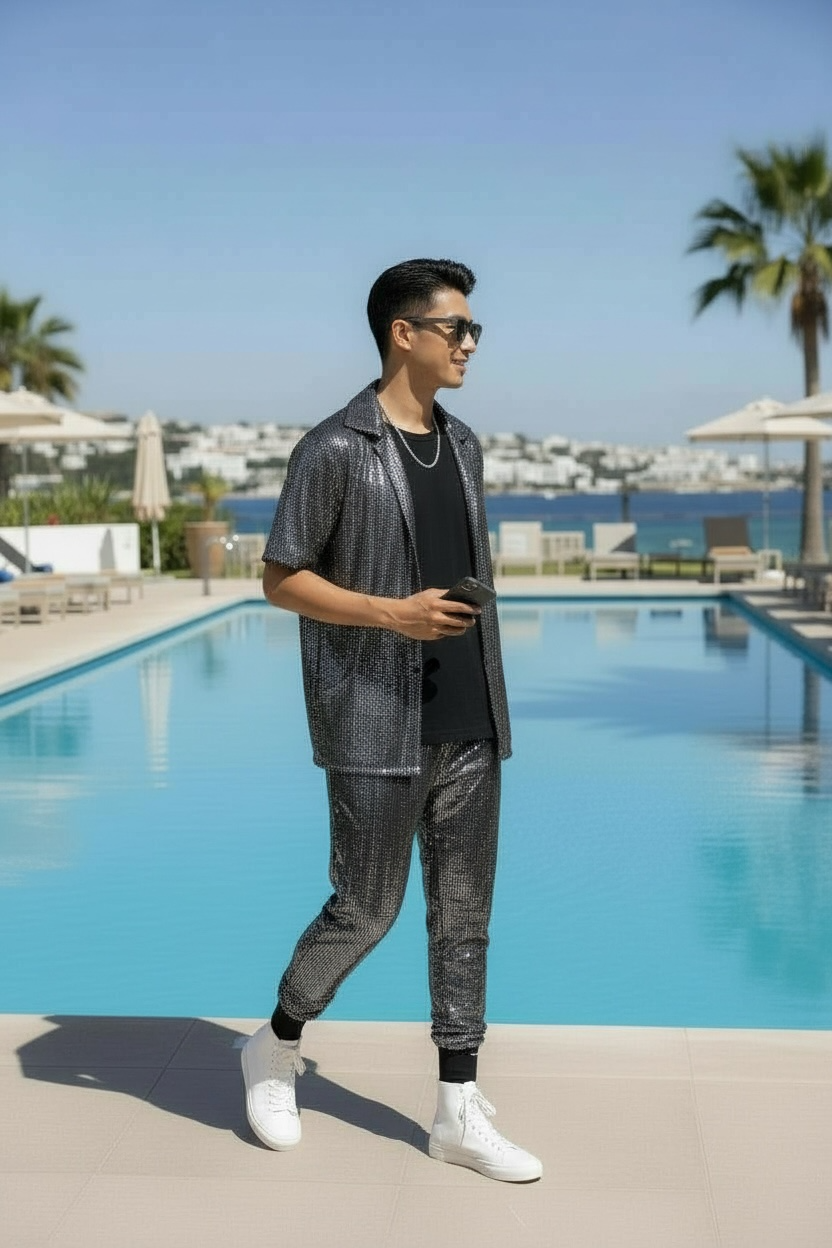 Silver Metallic Bowling Shirt | Button Up Shirt | Mens