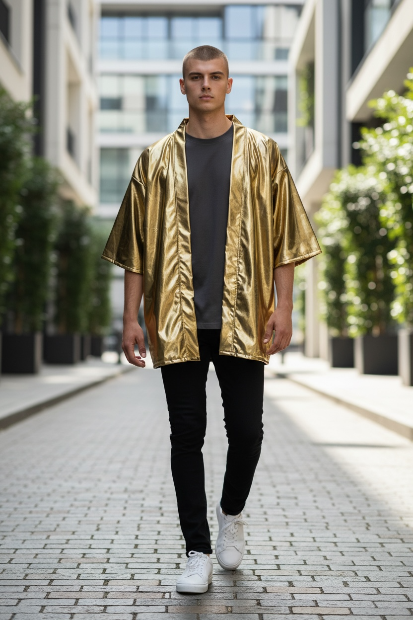 Rich Gold Metallic Kimono Stretchy Spandex Coverup Rave Disco Festival Fashion