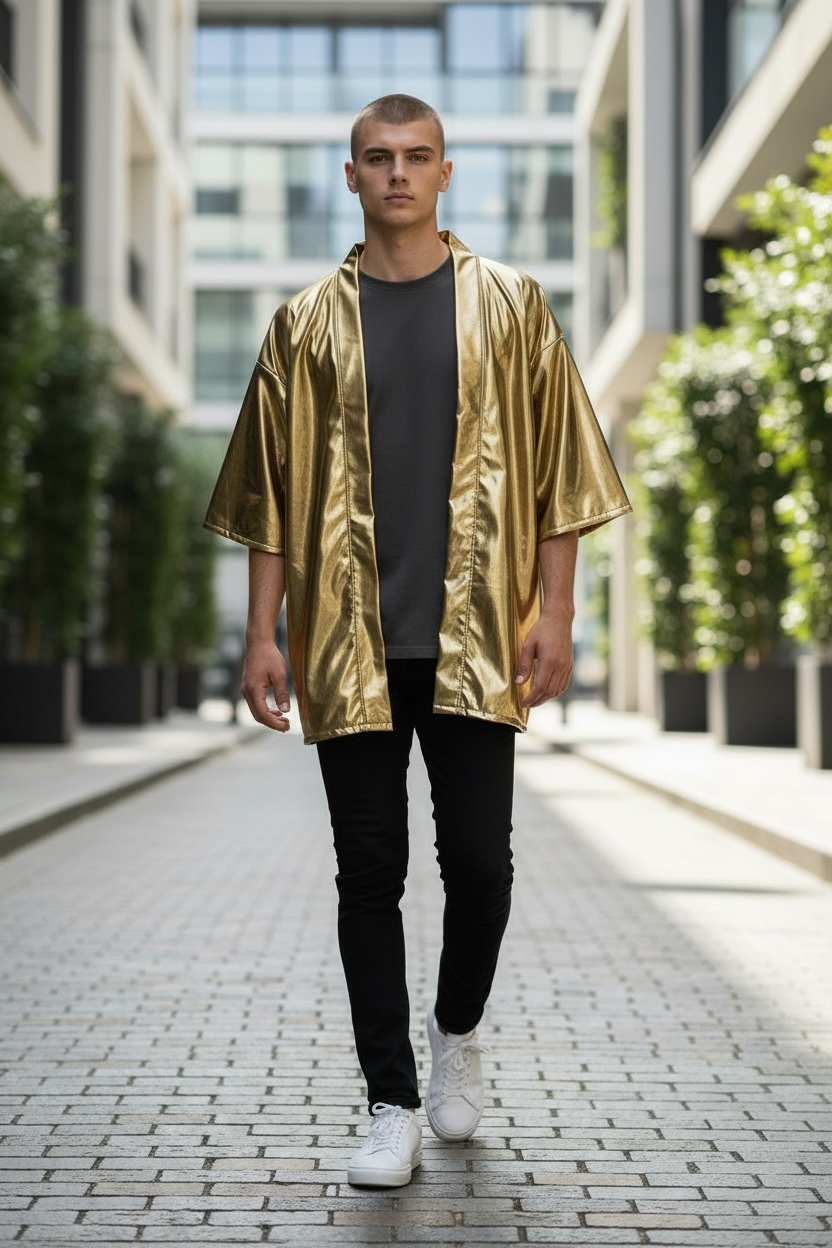 Rich Gold Metallic Kimono Stretchy Spandex Coverup Rave Disco Festival Fashion