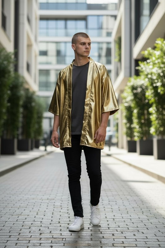 Rich Gold Metallic Kimono Stretchy Spandex Coverup Rave Disco Festival Fashion