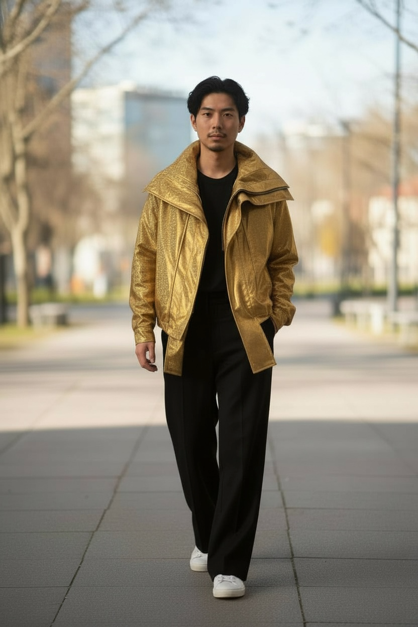 Oversized Gold Metallic Jacket • Statement Streetwear Coat • Unisex High-Shine Outerwear • Luxury Fashion Jacket • Designer Style