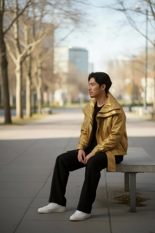 Oversized Gold Metallic Jacket • Statement Streetwear Coat • Unisex High-Shine Outerwear • Luxury Fashion Jacket • Designer Style