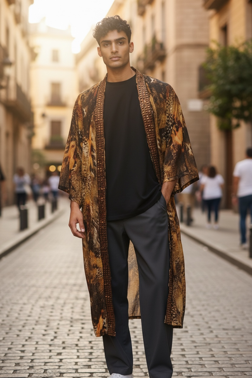 Abstract Cheetah Print Crotchet Knit.  Sequin Trim Collar