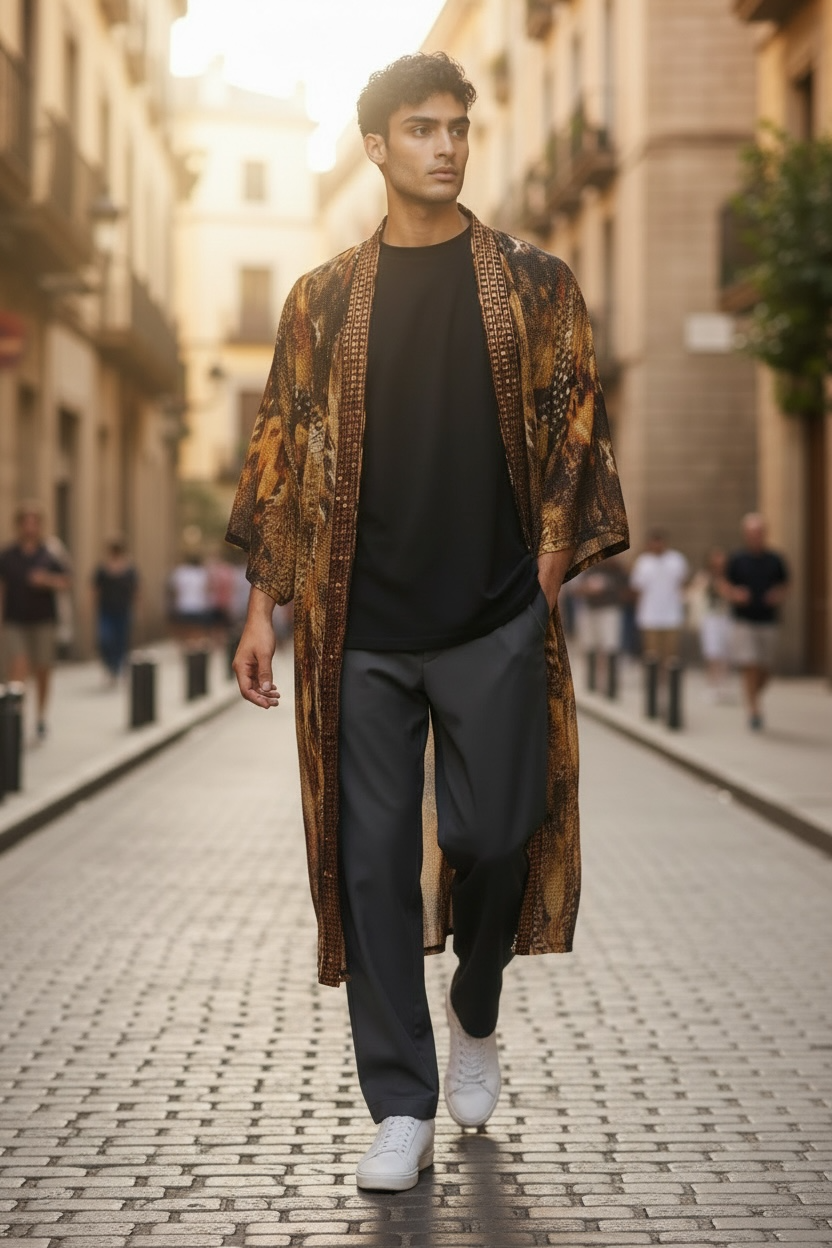 Abstract Cheetah Print Crotchet Knit.  Sequin Trim Collar