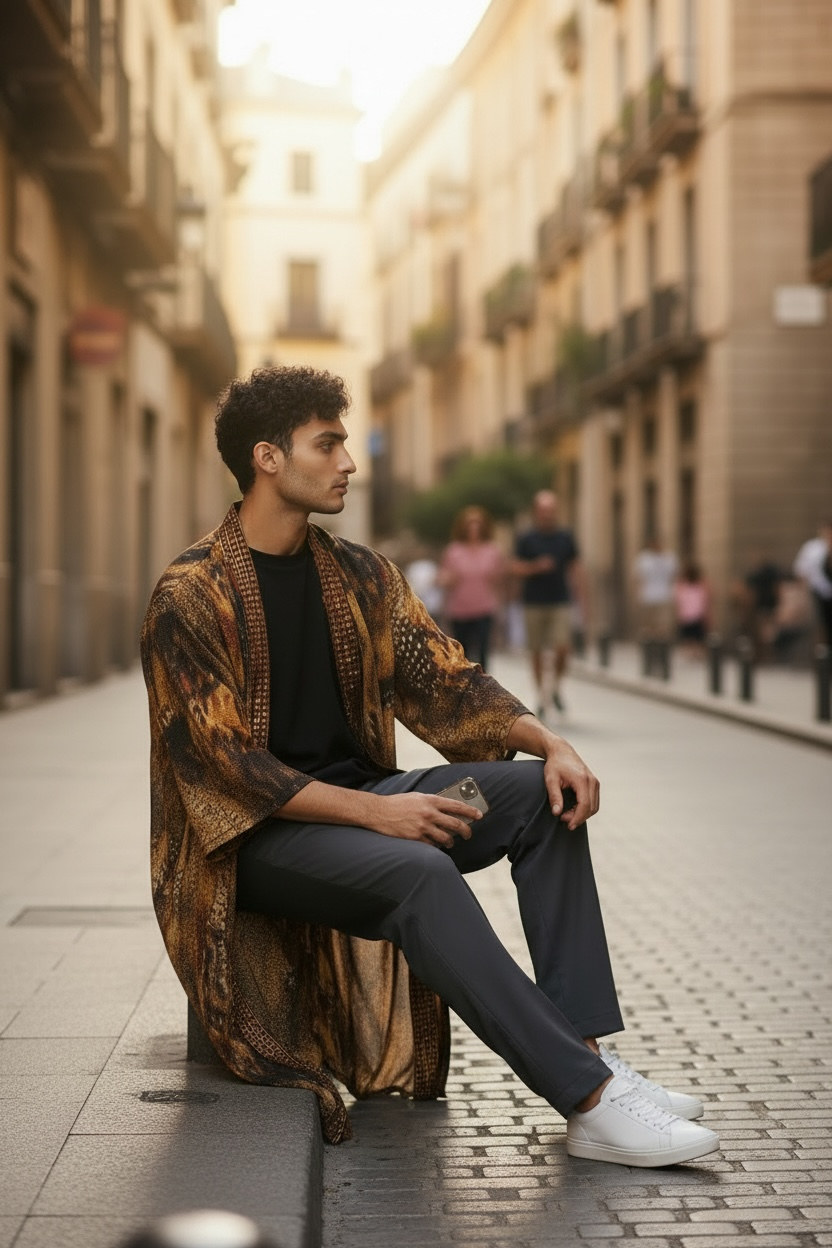 Abstract Cheetah Print Crotchet Knit.  Sequin Trim Collar