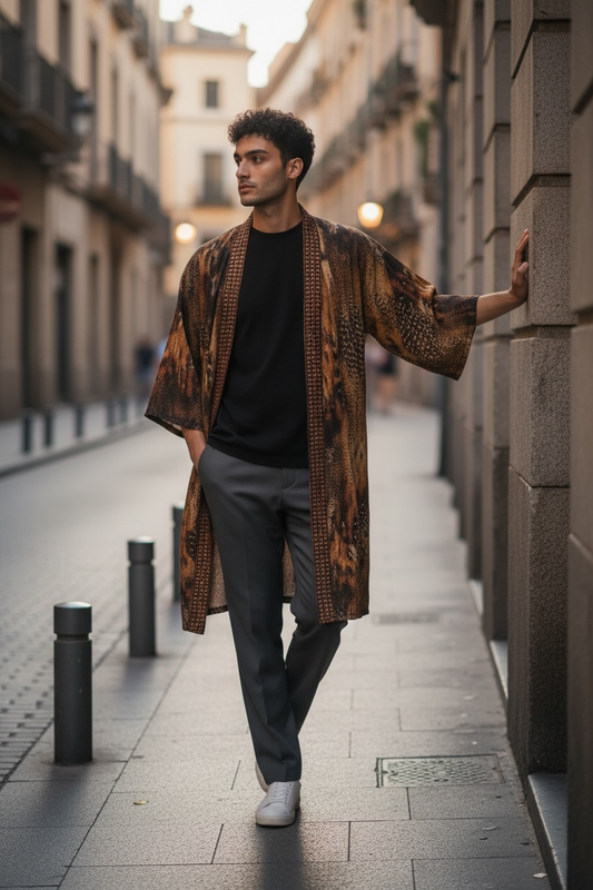 Abstract Cheetah Print Crotchet Knit. Sequin Trim Collar