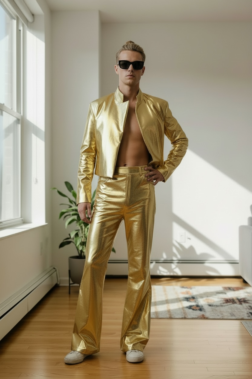 Solid Gold Outfit| Coated Spandex | Gold  Cropped Blazer and Highwaisted Jean Style Pant | Gold Suit For Men