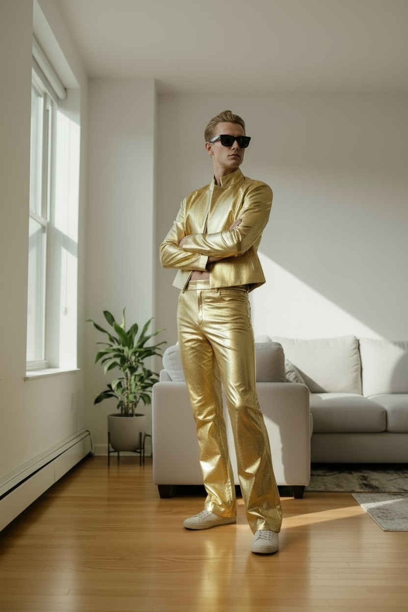 Solid Gold Outfit| Coated Spandex | Gold  Cropped Blazer and Highwaisted Jean Style Pant | Gold Suit For Men