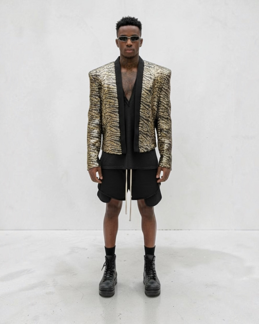 Gold Zebra printed sequin Cropped Open Front Jacket