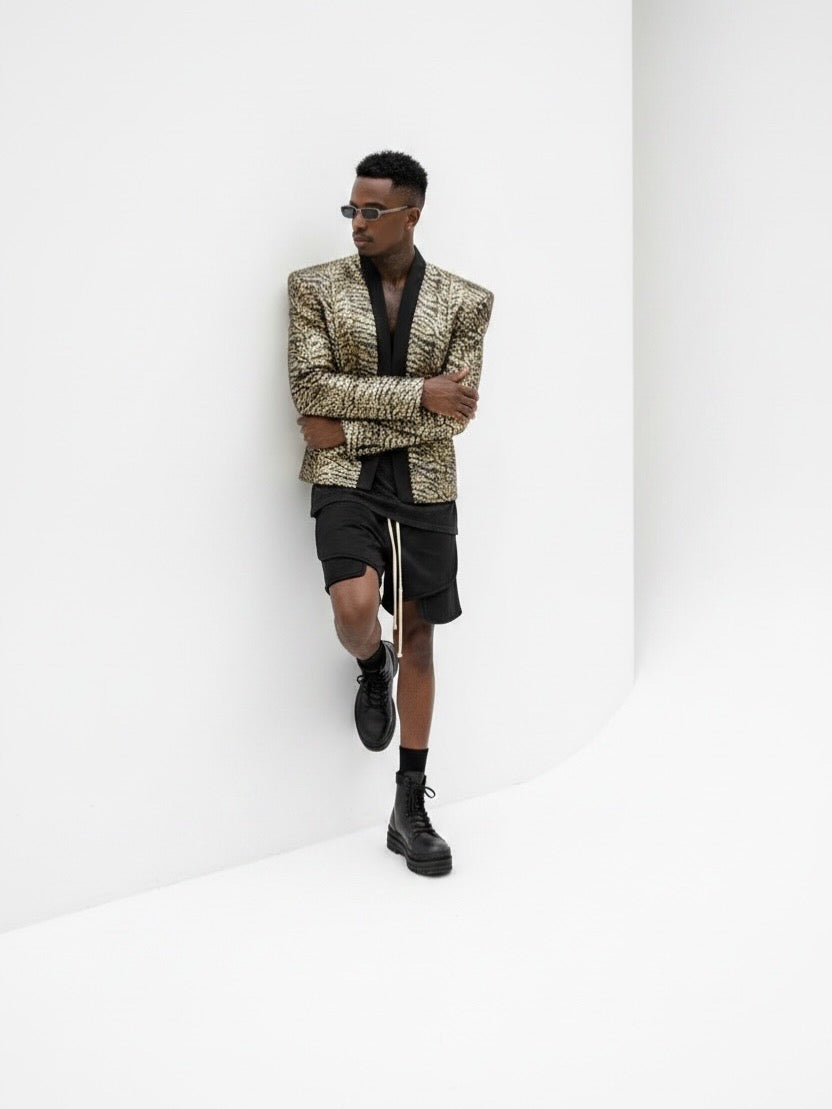 Gold Zebra printed sequin Cropped Open Front Jacket