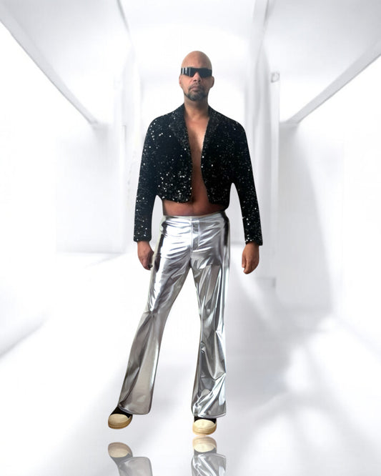 Mens Black Velvet Sequin Cropped Jacket | Mens Cropped Blazer | Black Sequins Blazer | Mens Sparkle Jacket | Wedding Jacket