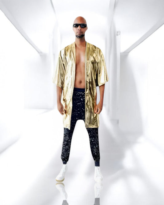 Gold Metallic Kimono Stretchy Spandex Coverup Rave Disco Festival Fashion