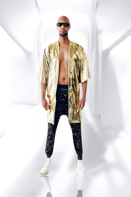 Rich Gold Metallic Kimono Stretchy Spandex Coverup Rave Disco Festival Fashion