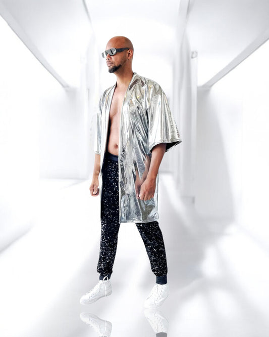 Silver Kimono| Mens Metallic Robe | Stretchy Coated Spandex | Unisex