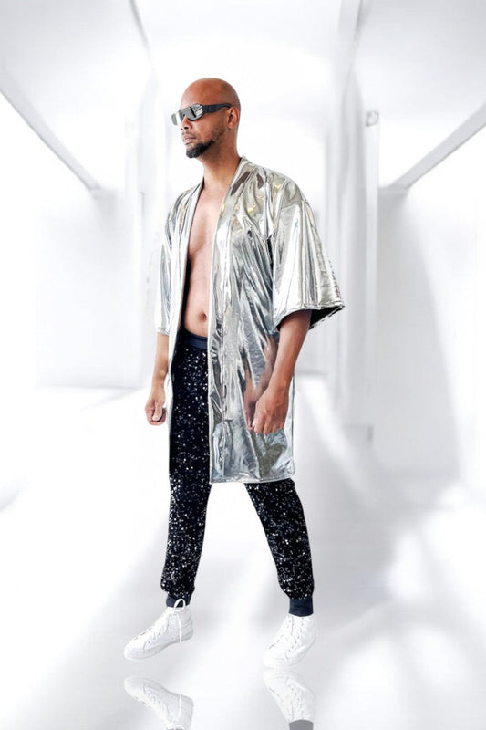 Silver Kimono| Mens Metallic Robe | Stretchy Coated Spandex | Unisex