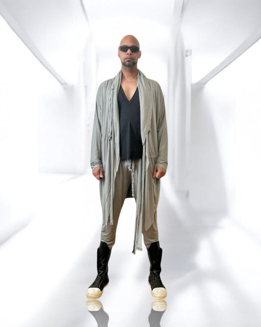 Mens Hooded Cardigan | Wool Jersey Drape Jersey | Braided Tassels Drawstring Waist | Desert Wear