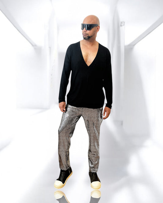 Silver Disco Ball Slim Cut Pant With Pocket and Pull On Elastic Waist