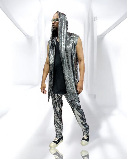 Silver Disco Ball Jersey Oversized Hooded Cardigan Long Length, Metallic Coated Spandex Jersey Long Vest With Pockets Perfect for Burningman