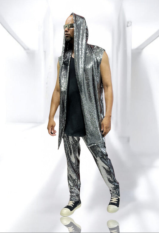 Silver Disco Ball Jersey Oversized Hooded Cardigan Long Length, Metallic Coated Spandex Jersey Long Vest With Pockets Perfect for Burningman