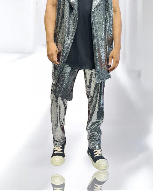 Silver Disco Ball Mens Pant Jersey Pull On Trouser Jogger, Metallic Coated Spandex Jersey Long Vest With Pockets Perfect for Burningman