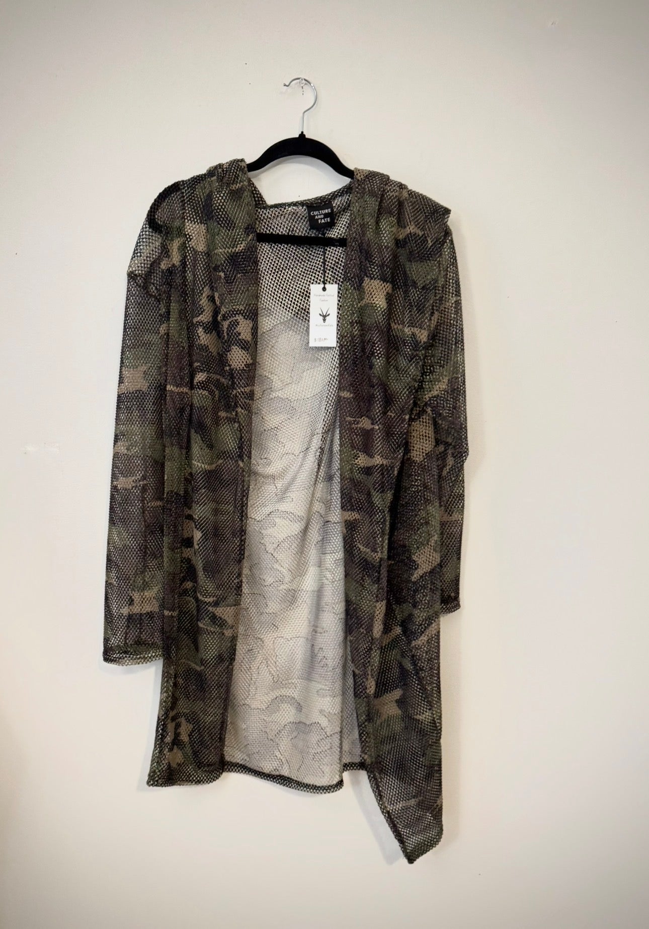 Long Sleeve Mesh Cardigan With Hood Camo Print Size L