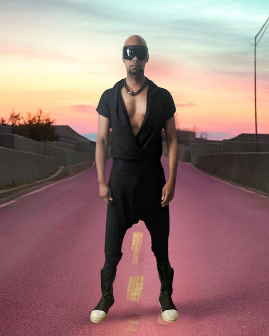 Drape Front Jersey Jumpsuit | Cross Front With Hood | Mens Romper Onesie