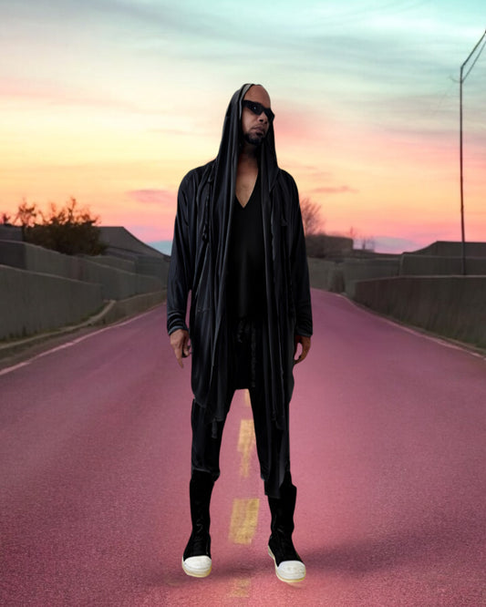 Mens Hooded Cardigan And Matching Pants | Wool Jersey Drape Jersey | Braided Tassels Drawstring Waist | Desert Wear