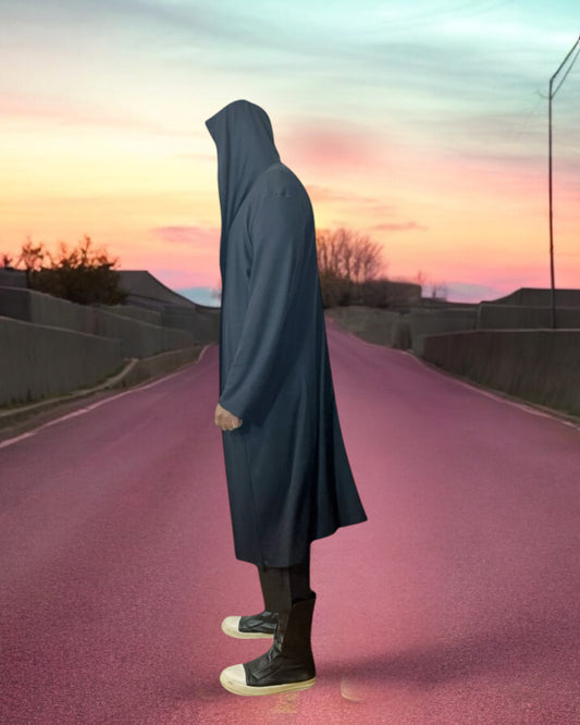 Mens Hooded Cardigab Oversized Hood Black Knit Jersey 3/4 Length | Cotton Jersey | Long Sleeve | Mens