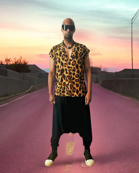 Deep V Neck Tee Shirt | Cheetah Print | Drop Shoulder T Shirt | Drape Jersey