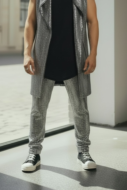 Silver Disco Ball Mens Pant Jersey Pull On Trouser Jogger, Metallic Coated Spandex Jersey Long Vest With Pockets Perfect for Burningman