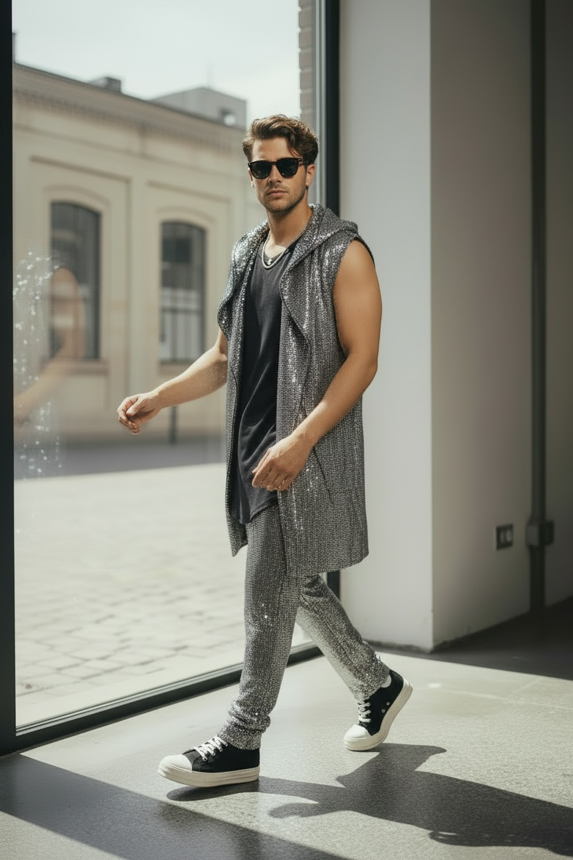 Silver Disco Ball Mens Pant Jersey Pull On Trouser Jogger, Metallic Coated Spandex Jersey Long Vest With Pockets Perfect for Burningman