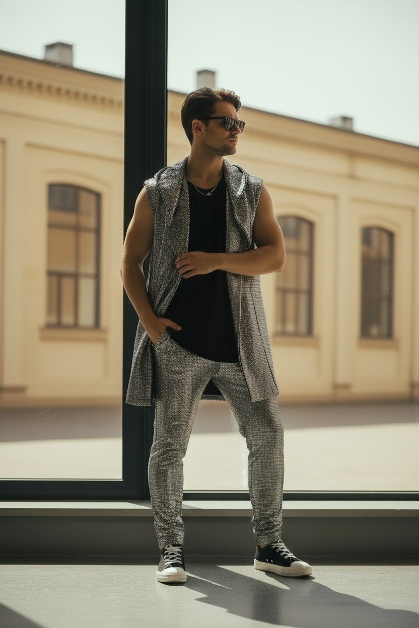 Silver Disco Ball Mens Pant Jersey Pull On Trouser Jogger, Metallic Coated Spandex Jersey Long Vest With Pockets Perfect for Burningman