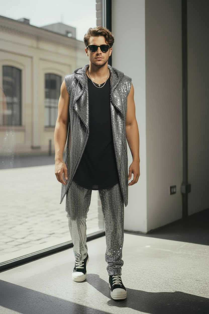 Silver Disco Ball Mens Pant Jersey Pull On Trouser Jogger, Metallic Coated Spandex Jersey Long Vest With Pockets Perfect for Burningman