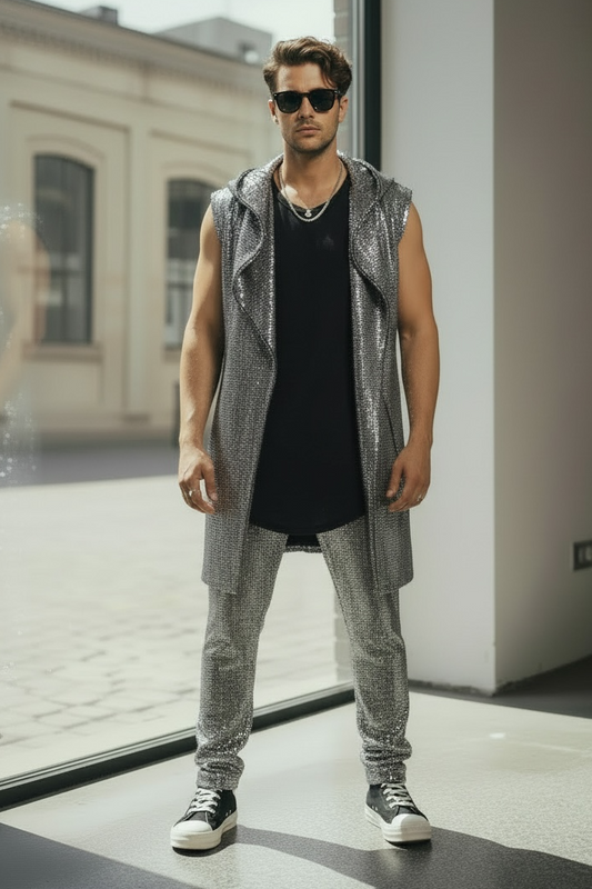 Silver Disco Ball Jersey Oversized Hooded Cardigan Long Length, Metallic Coated Spandex Jersey Long Vest With Pockets Perfect for Burningman
