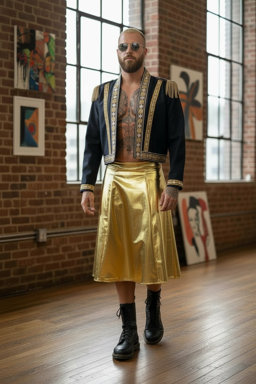 Gold Metallic Kilt| Elastic Waist | Simple Skirt For Men |  Pleated Skirt For Men