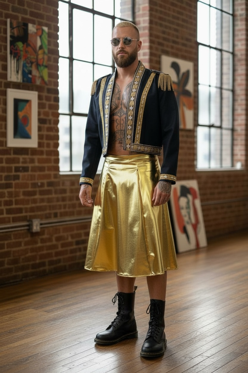 Gold Metallic Kilt| Elastic Waist | Simple Skirt For Men |  Pleated Skirt For Men