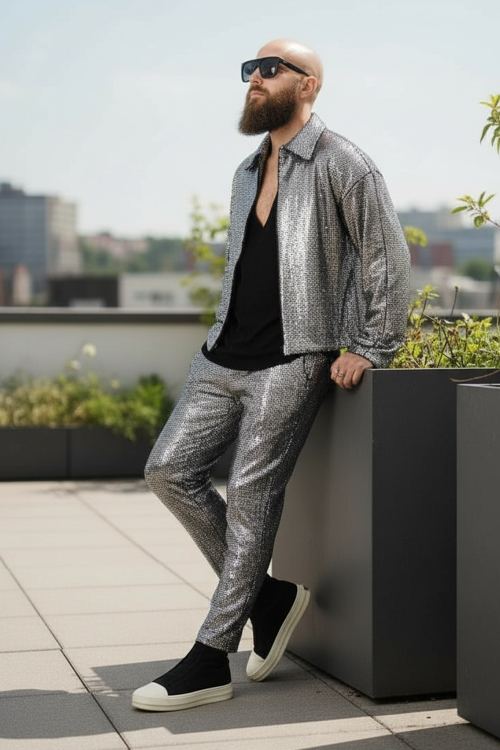 Silver Disco Ball Slim Cut Pant With Pocket and Pull On Elastic Waist