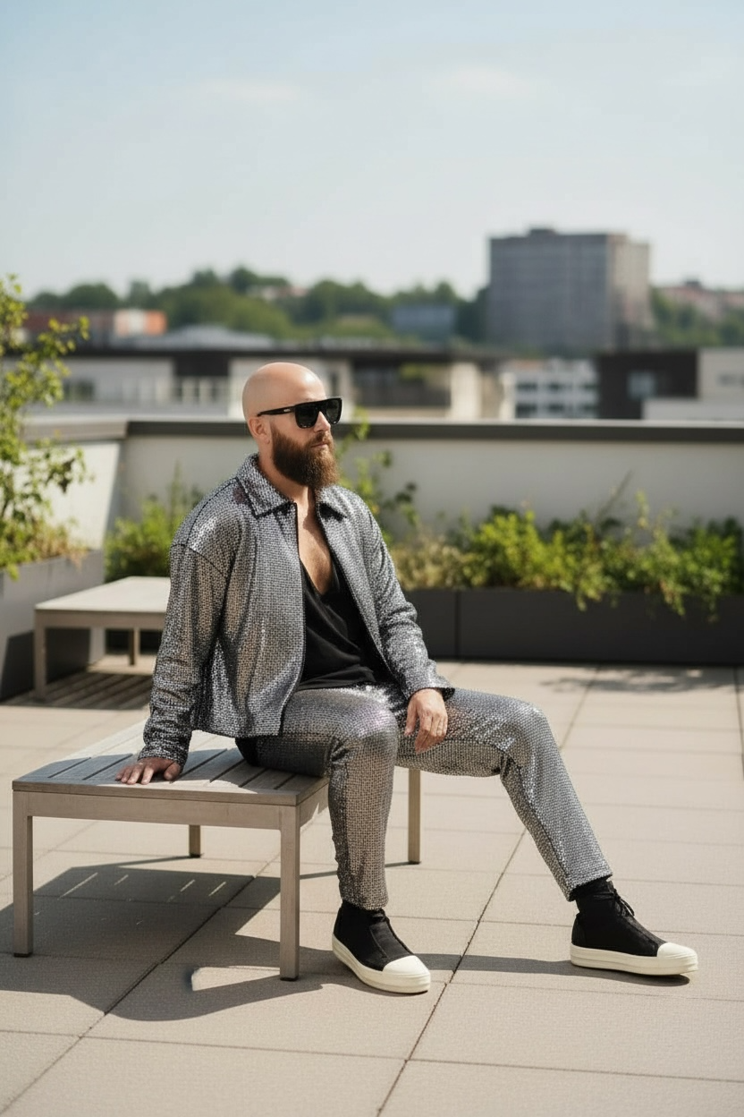 Silver Disco Ball Slim Cut Pant With Pocket and Pull On Elastic Waist