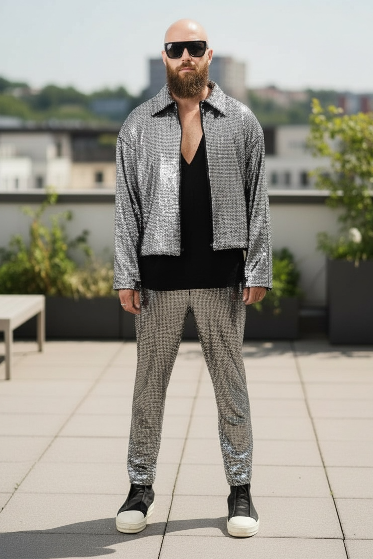 Silver Disco Ball Slim Cut Pant With Pocket and Pull On Elastic Waist