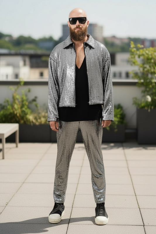 Silver Disco Ball Cropped Zip Front Jacket