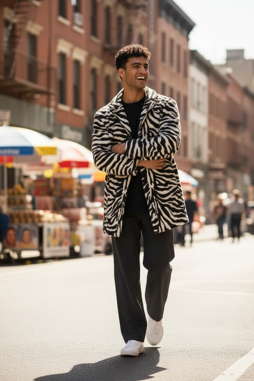 Short Pile Zebra Print Faux Fur Coat – Statement Unisex Outerwear, Bold Animal Print Jacket, Luxe Lightweight Faux Fur Coat