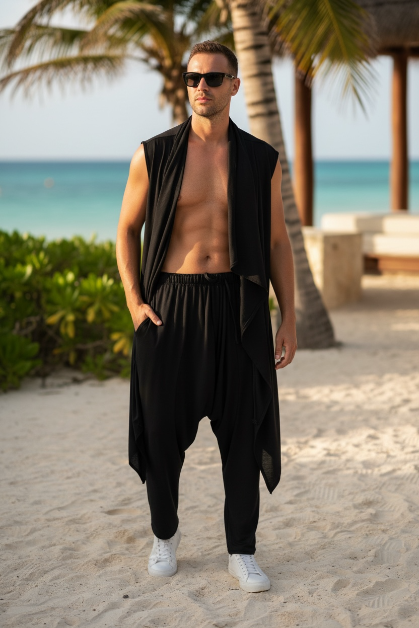 Black Jersey Drape Front Vest