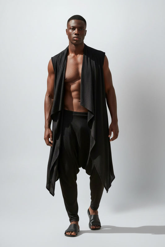 Black Jersey Drape Front Vest