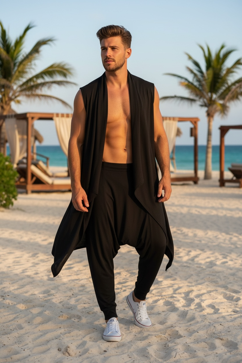Black Jersey Drape Front Vest